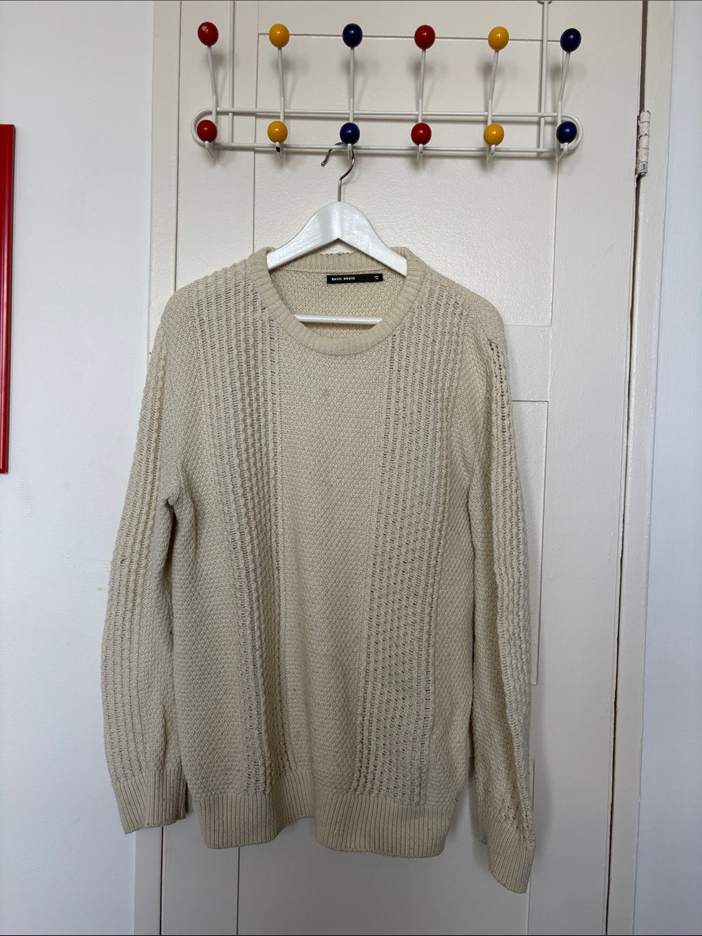 Beige Cable Knit Crewneck Sweater Wool